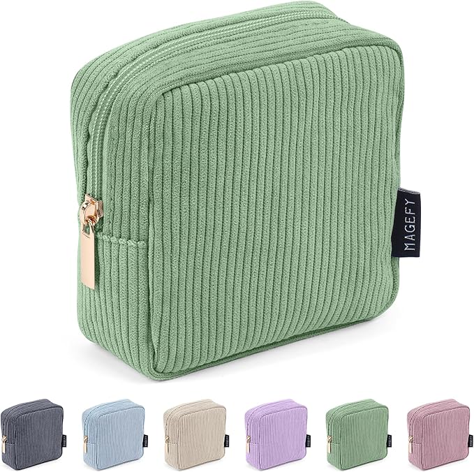 MAGEFY Small Makeup Bag Mini Cosmetics Bag Makeup Bag for Purse Corduroy Cute Cosmetic Pouch for Women with Slip-in Pockets (Green)