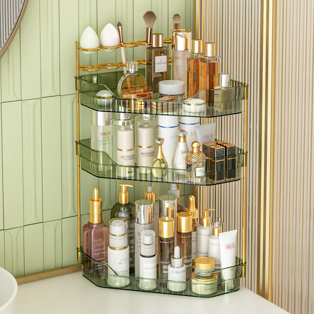ZZWILLB Corner Bathroom Counter Organizer with Makeup Brush Holder & Toothbrush Holders, Makeup Organizer for Vanity Countertop, Acrylic Skincare Storage Shelf (Green, 3-Tier)