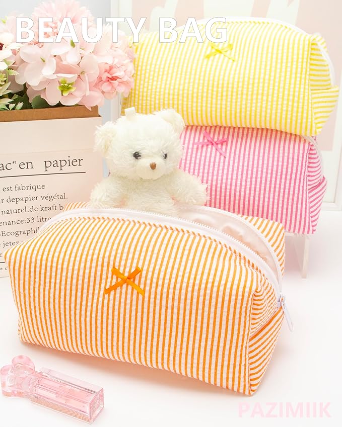 Cozy Makeup Bag for Women,Zipper Cosmetic Pouch,Stripe Orange,2 Pack