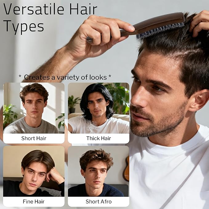 STYLEMATE Hair Brush for Men, Mens Nylon Stiff Bristles Hard Firm Hair Brush for Thick Hair, Slick Back Natural Black Walnut Wooden Handle for Smoothing, Detangling, Styling
