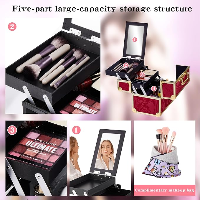 GALHUBIS Makeup Train Case, Portable Makeup Case with Mirror, 2-Trays Cosmetic Organizer Case,Nail Polish Organizer, Travel Makeup Box, Profesional for Salon Barber, Pattern Red