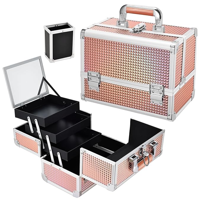 Joligrace Dazzle Gold Makeup Train Case, 3-Tier Makeup Box Organizer and Portable Makeup Organizer Box, Hard Makeup Case with Mirror and Lock, Professional Makeup Case for Women