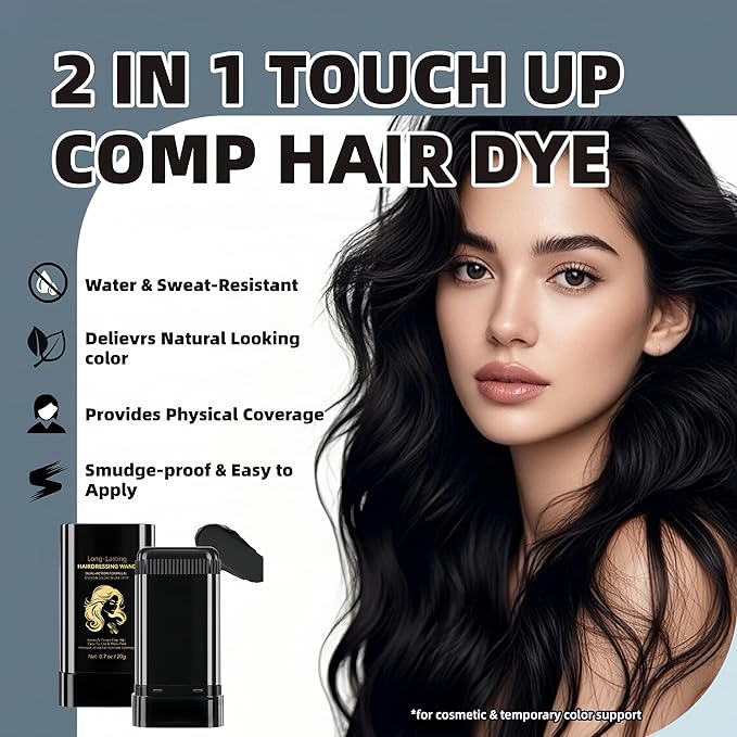 Temporary Hair Dye Comb for Gray Hair Coverage, Disposable Hair Color Stick with Precision Brush, Advanced Non-Irritating & Smudge-Proof Formula, Quick Root & Sideburn Touch-Up (black)
