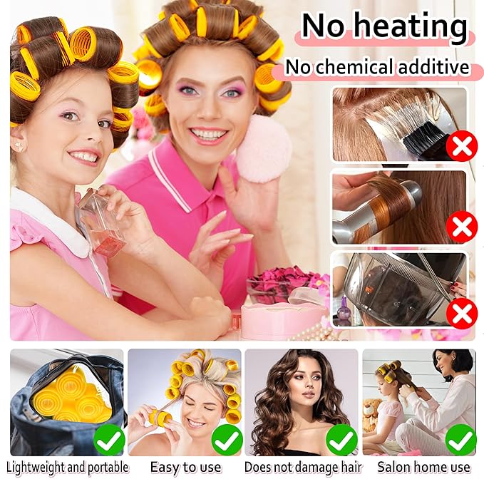 4 Sizes Self-Grip Hair Rollers Set with Clips - 4 Sizes for Long, Short Hair & Bangs (25mm, 36mm, 48mm, 60mm), (Yellow, 4 Sizes)