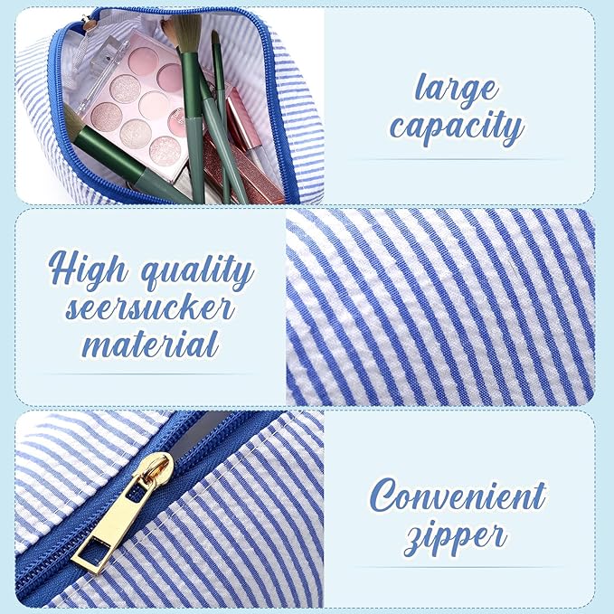 Sanwuta 12 Pcs Seersucker Cosmetic Bags Bulk Seersucker Makeup Bags Stripe Women Pouch Large Preppy Storage Pouch Toiletry Travel for Wedding Bridesmaid Bride Favor Back to Teacher Gift (Blue)
