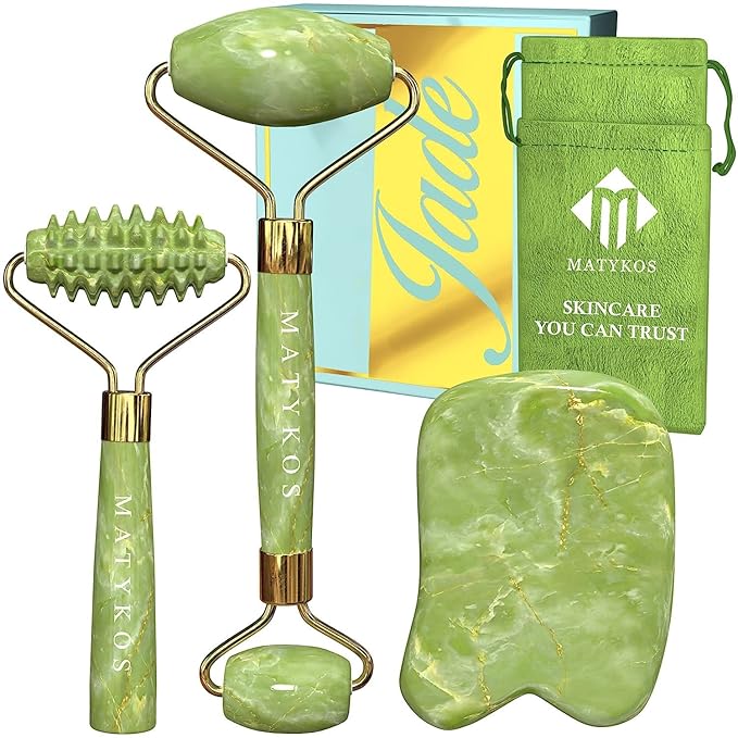 Matykos Jade Roller for Face and Gua Sha Set - 2 Anti-Aging Facial Rollers and Gua-Sha Facial Tool - Face and Body Massager for Your Skincare Routine - Massage Tools for Wrinkles and Lifting