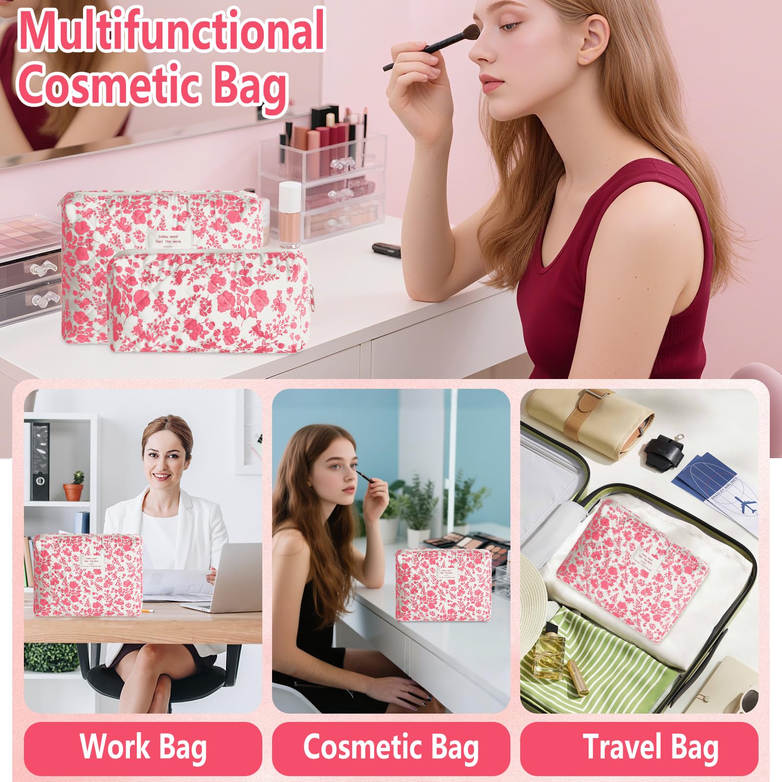 2Pcs Quilted Makeup Bag Set Flower Cute Pencil Case Large Small Travel Makeup Pouch Set for Women Coquette Makeup Bag Aesthetic Cotton Cosmetic Bag Pink Toiletry Organizer Storage Bag Big Zipper Pouch