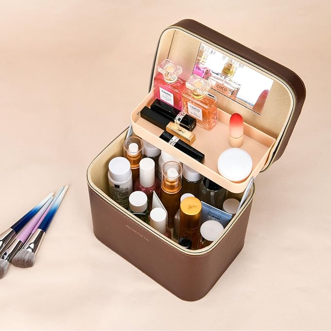 Sluxa Luxury Fashion makeup box, Portable leather hard cosmetic case with mirror, Sturdy train case make up box for women adults. (Double-white)