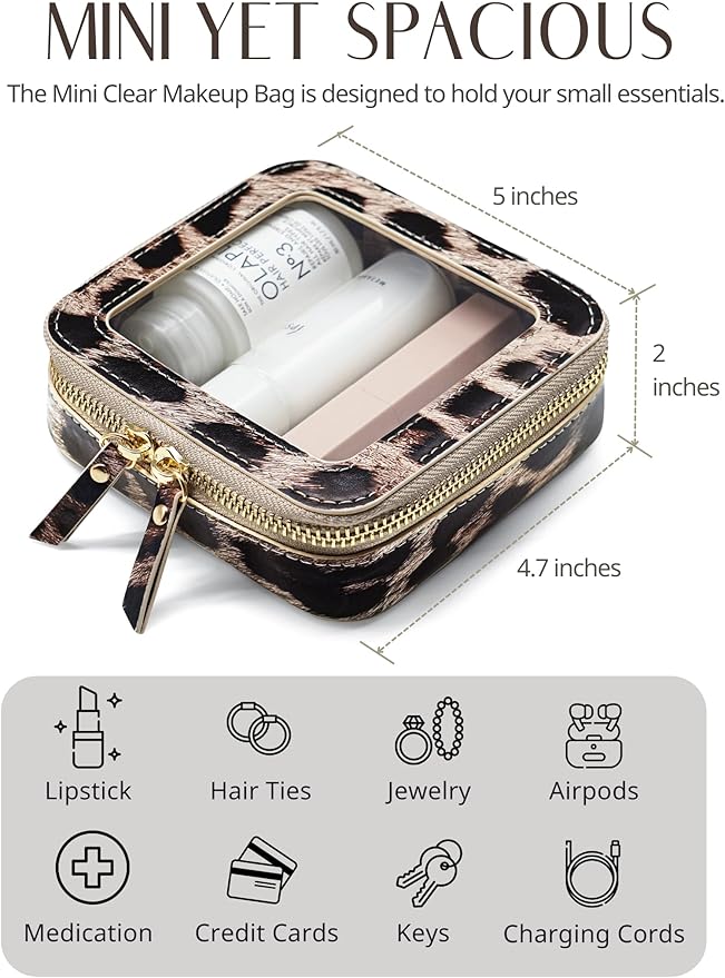 Small Makeup Bag for Purse Accessories Women Clear Cosmetic Mini Pouch Car Essentials Bag Leopard Print Clear Leather Make Up Travel Bag Organizer with Zipper Cute Compact Cheetah Little Toiletry Bag
