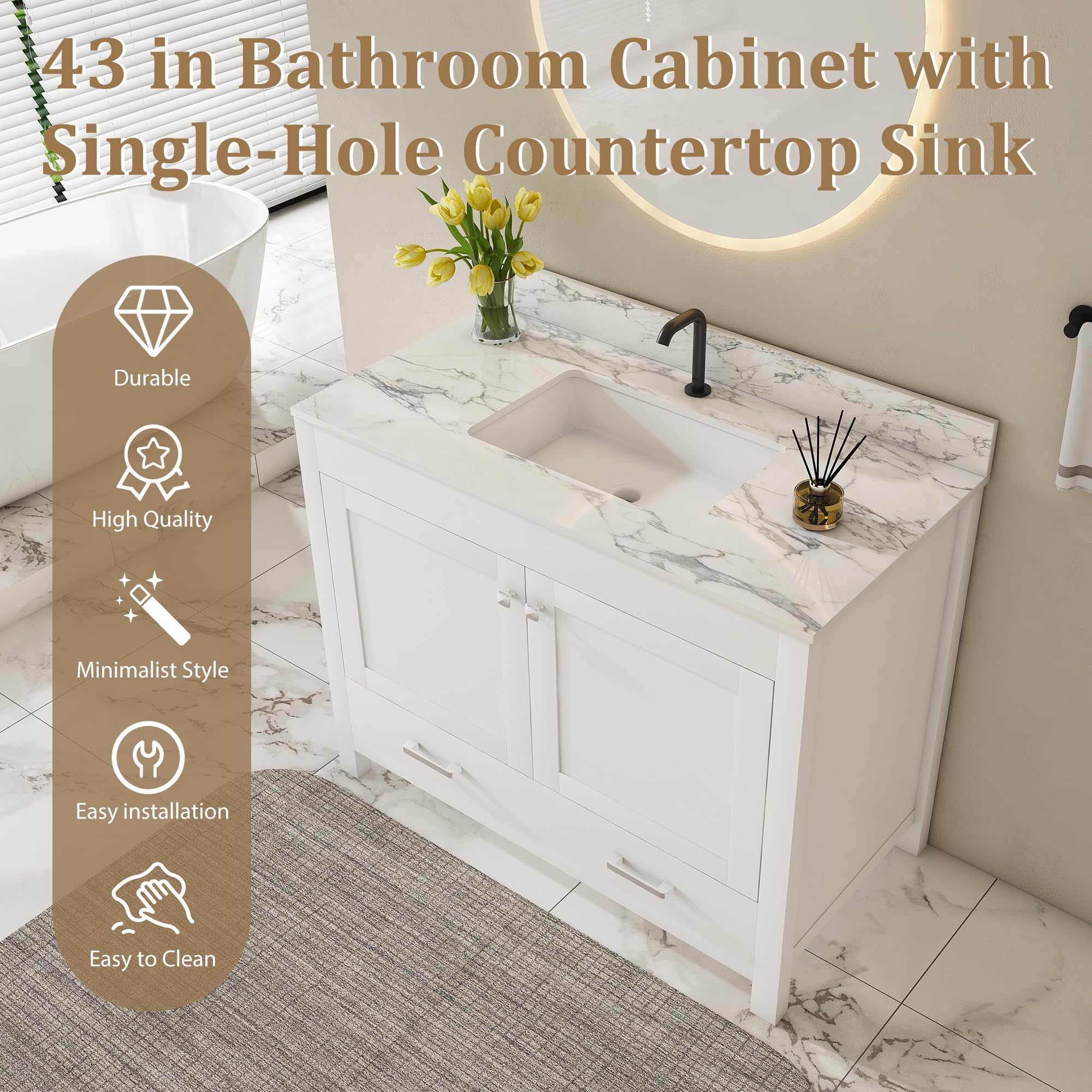 Montary 42" Bathroom Vanity with 43" Sintered Stone Carrara White Top, Modern Stylish MDF Bathroom Storage Cabinet, Vanity Set with 2 Doors and One Large Divided Drawer, White (Single Hole)