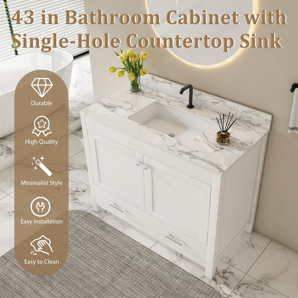 Montary 42" Bathroom Vanity with 43" Sintered Stone Carrara White Top, Modern Stylish MDF Bathroom Storage Cabinet, Vanity Set with 2 Doors and One Large Divided Drawer, White (Single Hole)