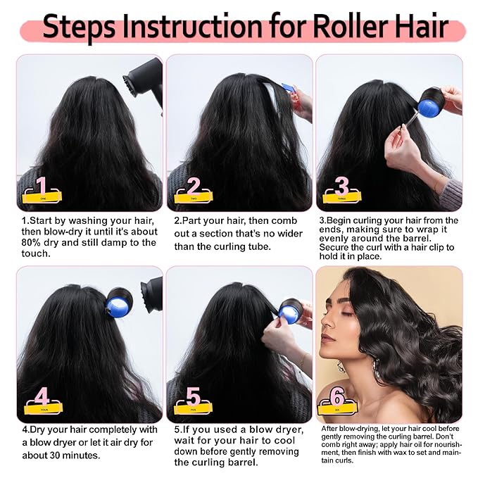 4 Sizes Self-Grip Hair Rollers Set with Clips - 4 Sizes for Long, Short Hair & Bangs (25mm, 36mm, 48mm, 60mm), (Blue, 4 Sizes)