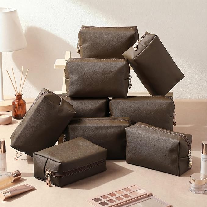 Kigeli Aesthetic Makeup Bags PU Leather Cosmetic Pouches Waterproof Plain Toiletry Bags Makeup Pouches Bulk for Women Party Gift Travel Storage Organizer(Coffee,7.1 x 2.8 x 4.3 in)