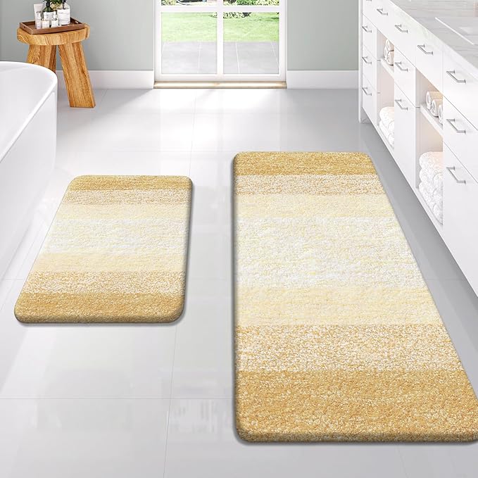 OLANLY Bathroom Rug Set 2 Piece, Soft Absorbent Microfiber Bath Rug Set, Non-Slip, Machine Wash Dry, Plush Shaggy Bath Mats for Bathroom (47"x20"+24"x16", Light Yellow)