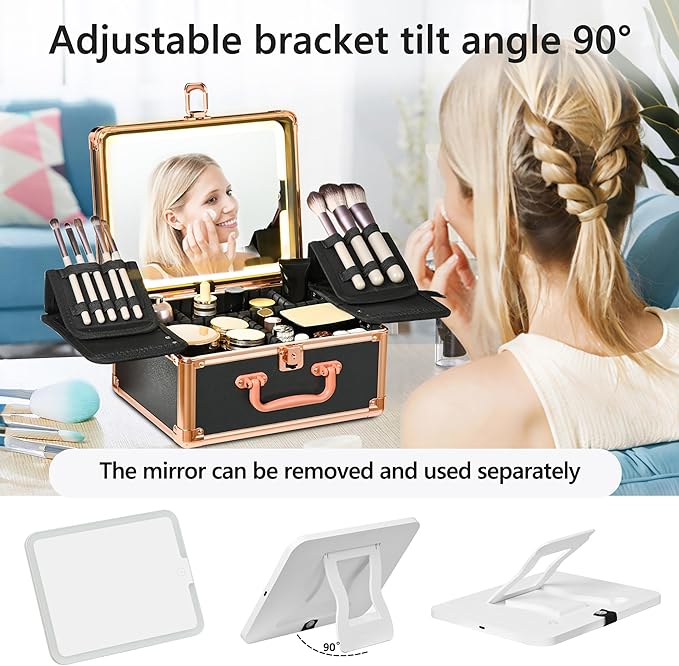 GALHUBIS Makeup Case with Lighted Mirror, Makeup Box Organizer with Detachable LED Mirror, Travel Makeup Train Case, Waterproof Cosmetic Organizer, Standing Makeup Brush Holder, Gift, Black Gold