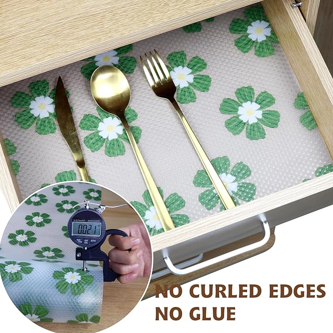 Drawer and Shelf Liner for Kitchen Cabinet,Non-Adhesive Waterproof EVA Drawer Liner for Dresser & Bathroom Vanities with Cutting Tool(12 in X 10 Ft Green Chrysanthemum)
