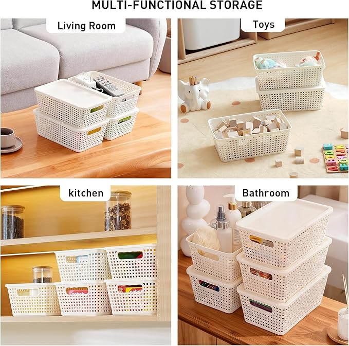 Anywish Plastic Storage Baskets With Lid, Storage Bins for Organizing, Stackable Decorative Containers for Shelves Drawers Desktop Closet Playroom Classroom Office, 8 Pack-White