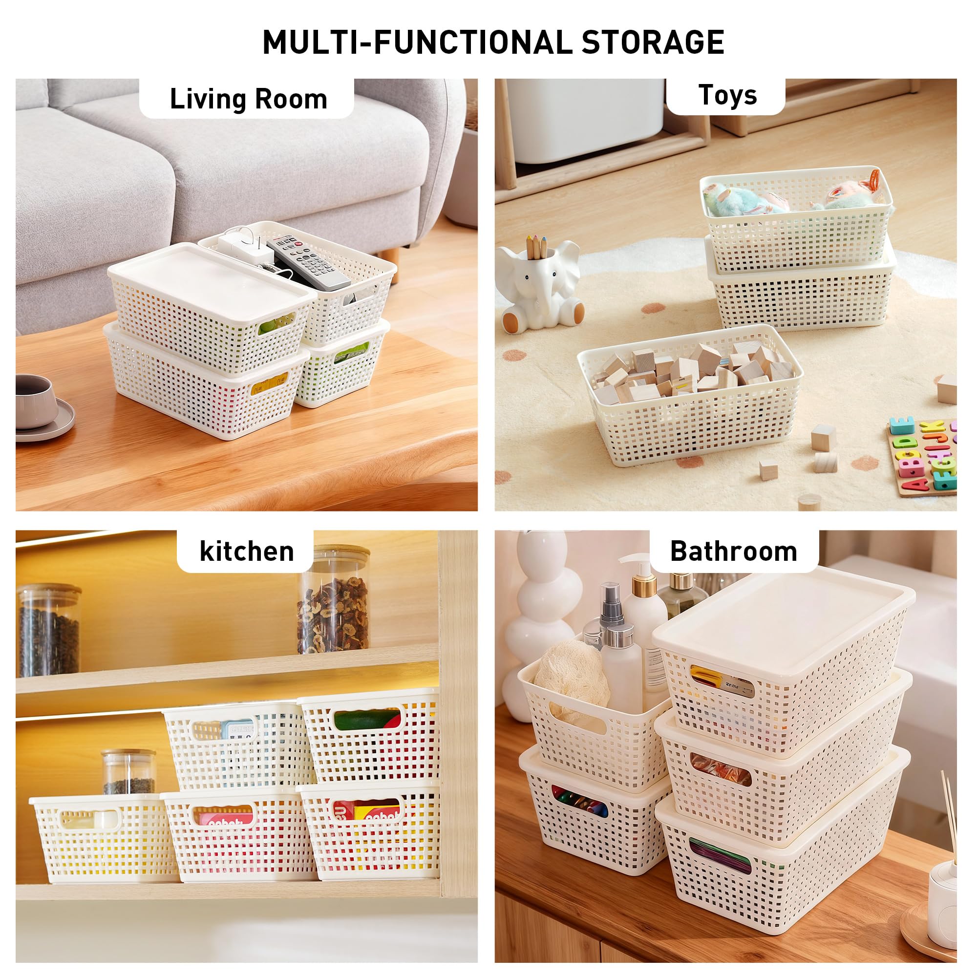 Anywish Plastic Storage Baskets With Lid, Storage Bins for Organizing, Stackable Decorative Containers for Shelves Drawers Desktop Closet Playroom Classroom Office, 8 Pack-White