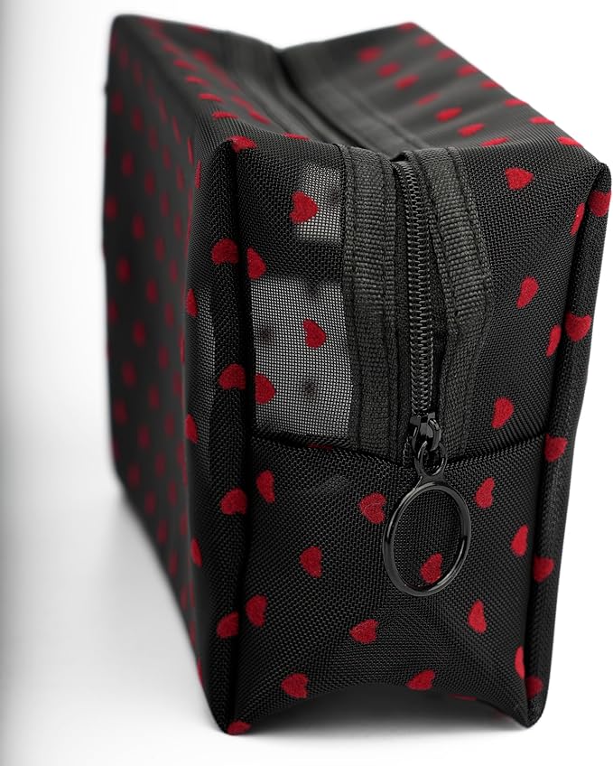 TOPASION Portable Mesh Makeup Bag with Zipper Small Travel Toiletry Bag Lightweight Cosmetic Pouch (Black Square Red Heart)