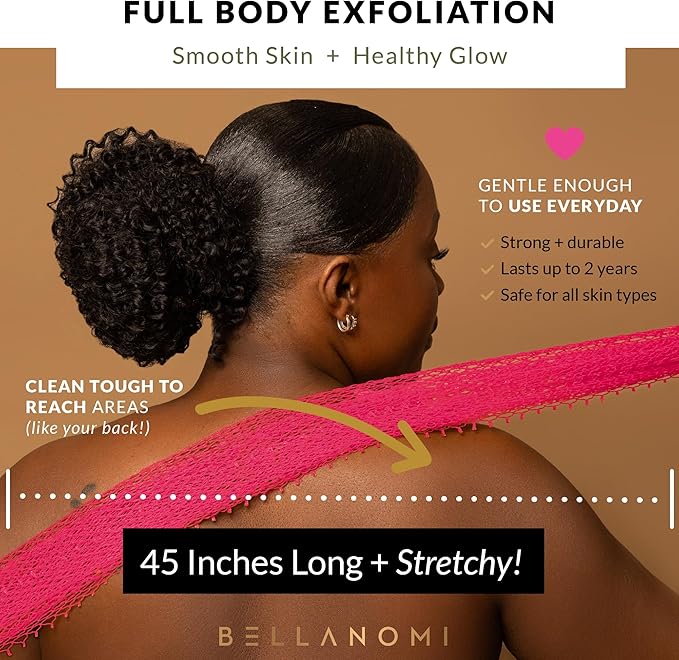 BELLANOMI African Exfoliating Net Sponge, Authentic, Ethically sourced from Nigeria, 45 inches Long, Back Scrubber for Daily use (Pink)