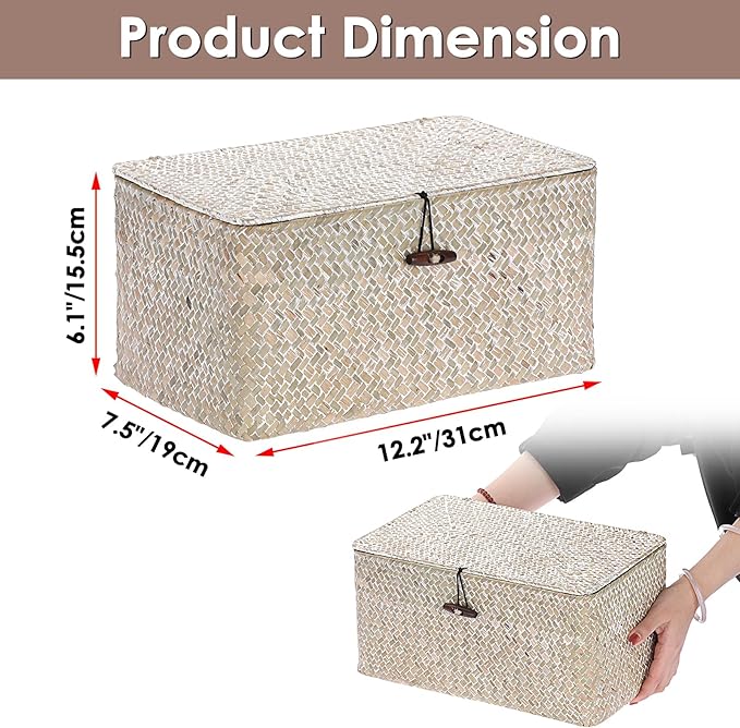 Sumnacon Wicker Basket with Lid Rectangle Woven Baskets for Toiletries Tampon Storage,Wicker Storage Basket with Lid,Decorative Seagrass Storage Baskets for Shelf Bathroom Toilet Table,Whitewash
