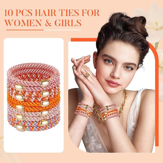 FORENEE Hair Ties No Damage(10PCS) - Ponytail Holders - Elastic Hair Ties for Thick Hair - Braided Hair Bands for Women Girls's Hair - Persimmon Orange