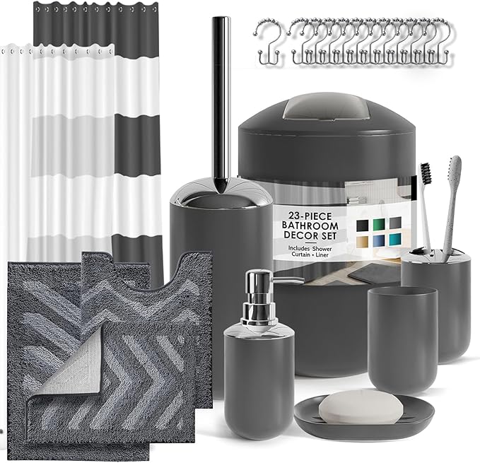 Clara Clark Bathroom Accessories Set - 23PC Shower Curtain Set with Bathroom Trash Can, Green Bathroom Set, Bathroom Sets with Shower Curtain and Green Rugs