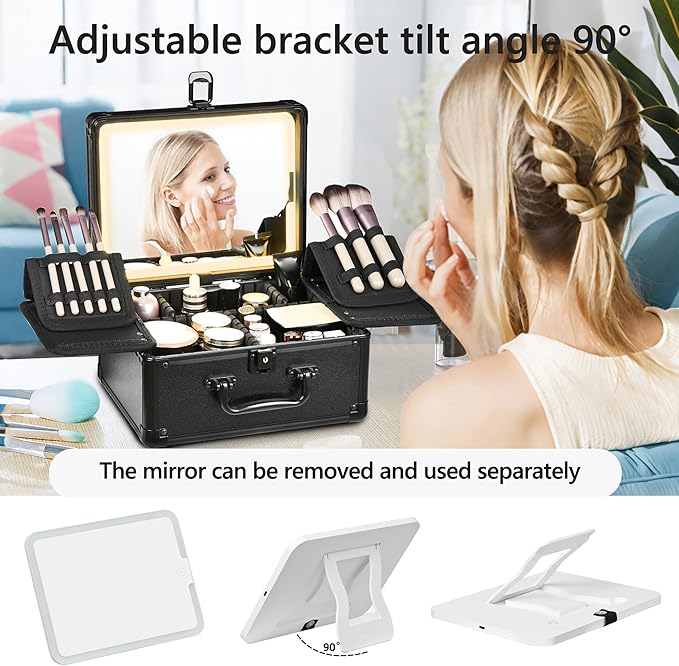 GALHUBIS Makeup Case with Lighted Mirror, Makeup Box Organizer with Detachable LED Mirror, Travel Makeup Train Case, Waterproof Cosmetic Organizer, Standing Makeup Brush Holder, Gift, Black