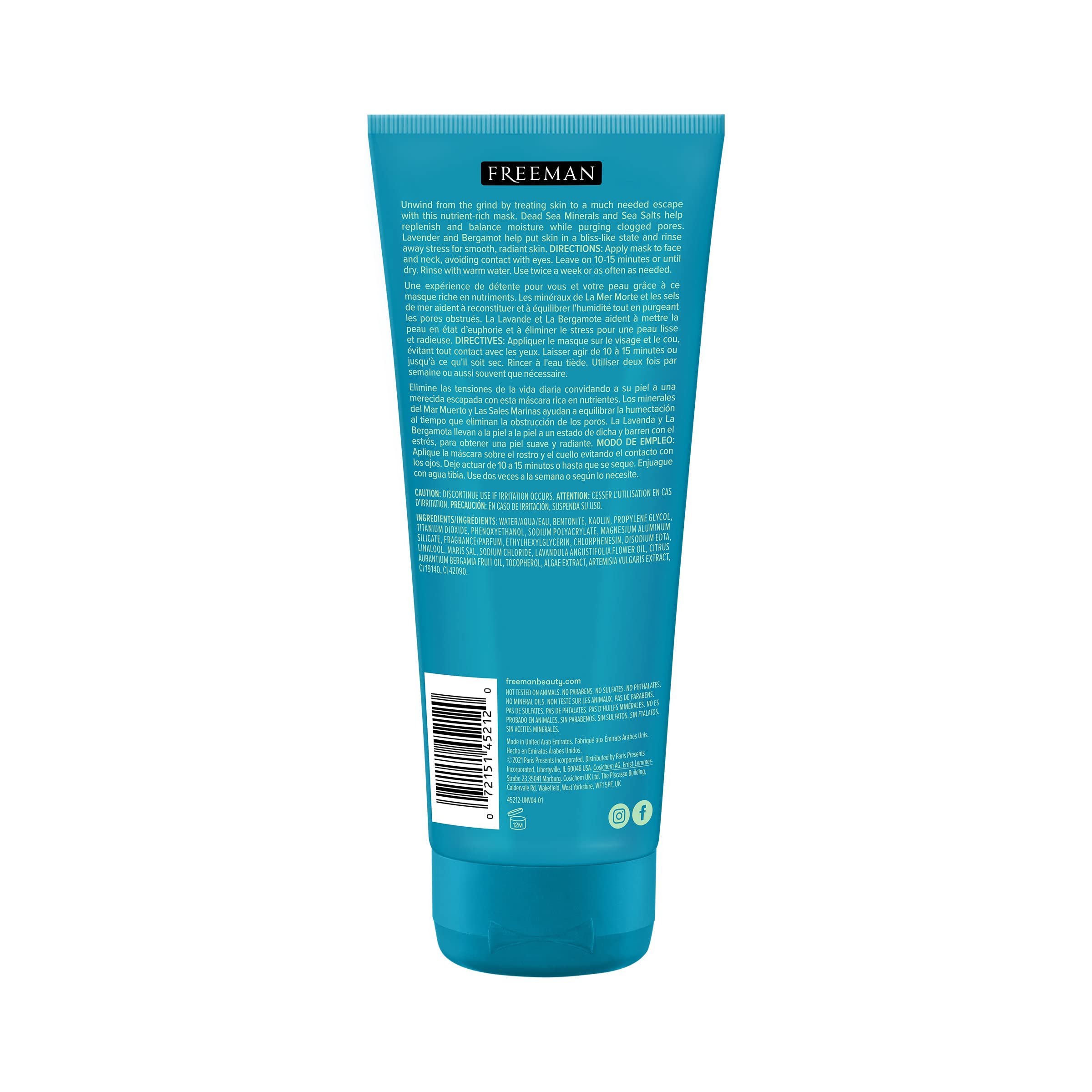Freeman Anti-Stress Clay Mask, Dead Sea Mineral Face Mask, 6 Fl Oz Tube
