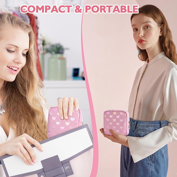 Likesing Period Bag Pouch, Leather Sanitary Napkin Storage Bag for Girls Womens, Portable Sanitary Napkin Period Pad Pouch Bag for Purse, Small Make Up Bags(Pink LOVE)