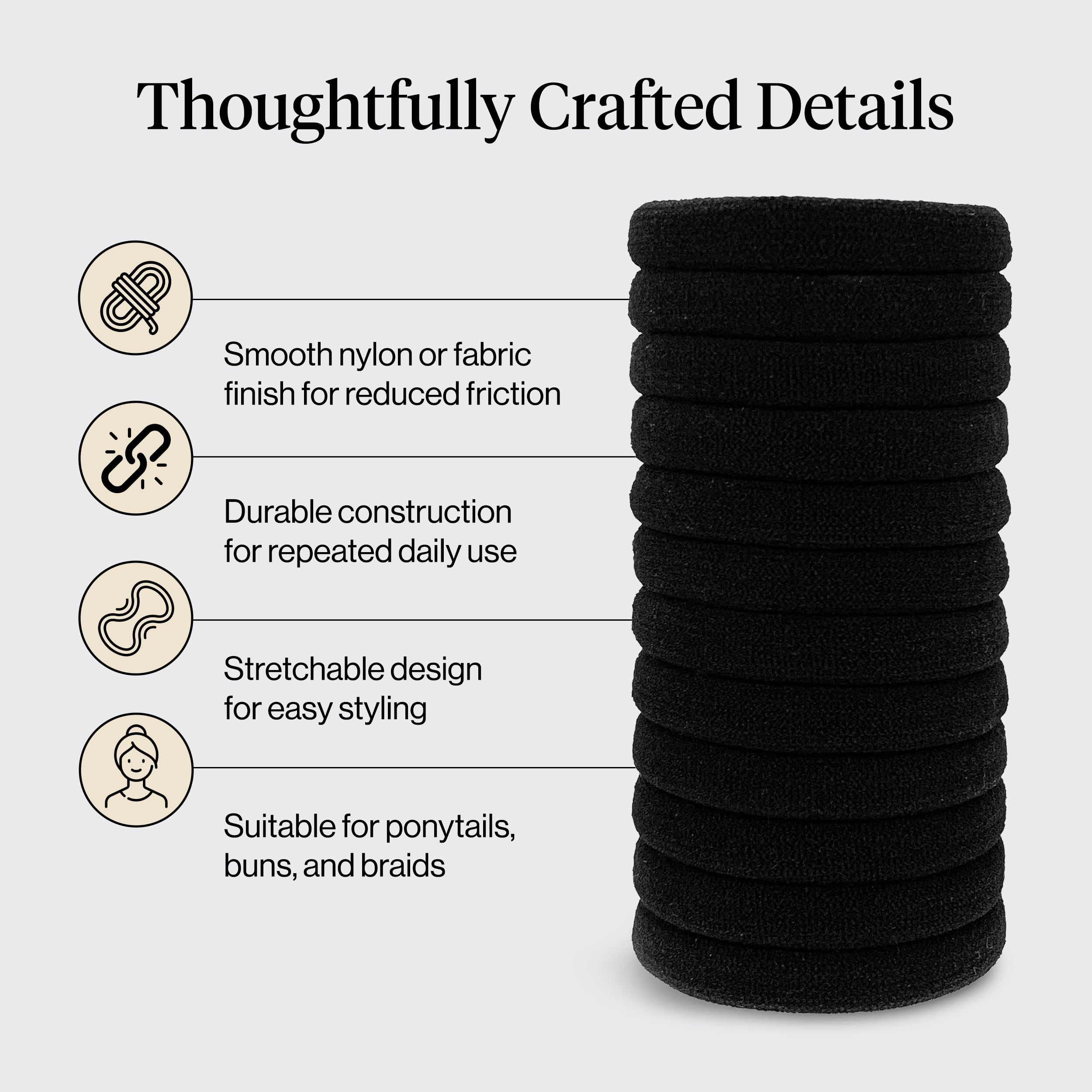 Kitsch Nylon Hair Ties No Damage - Stretchable Hair Bands for Strong All-Day Hold, Ponytail Holders | Hair Accessories for Girls - Black, 12 Pcs