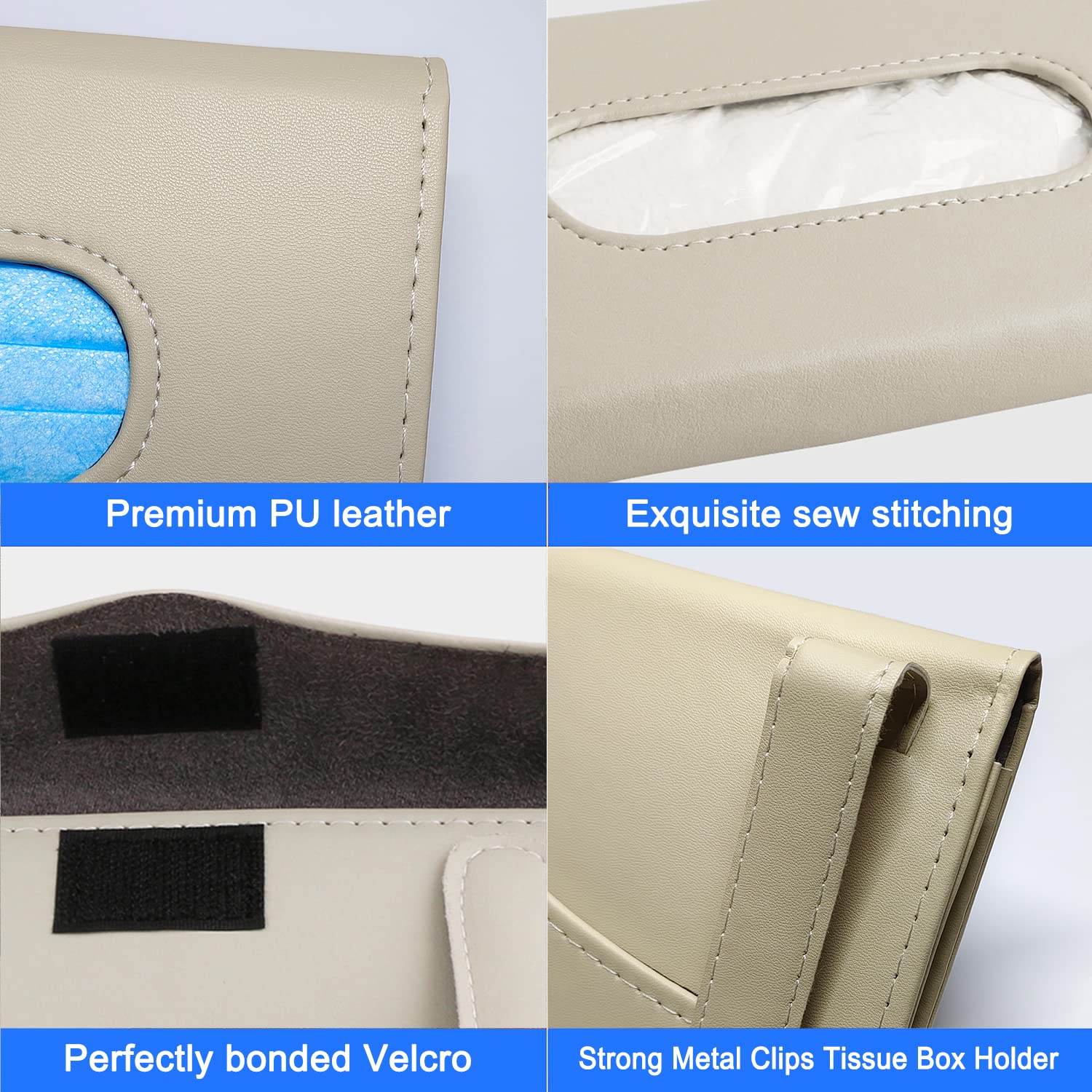 Langmeil Car Tissue Holder, 2 Pack Sun Visor Napkin Holder, Premium PU Leather, Car Mask Holder for Sun Visor Vehicle, with Tissue Refill, Black&Beige