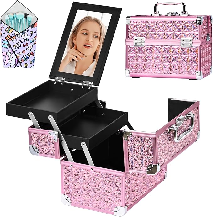 GALHUBIS Makeup Case Organizer,Makeup Train Case, Trays Cosmetic Box Portable, Profesional for Salon Barber,Pink