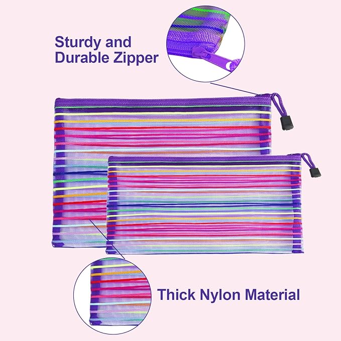 CarryEpic Mesh Bags with Zipper (6 Pack), Nylon Makeup Bag Cosmetic Pouches Travel Organizer Case for Purse Diaper Bag Home Organizing Striped Multi Size Purple