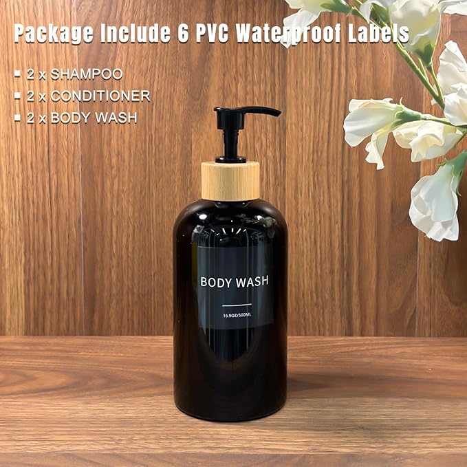 Shampoo and Conditioner Dispenser, Refillable Plastic Shampoo Pump Bottles with Waterproof Labels, Empty Body Wash Dispenser Set for Bathroom, Shower Soap Bottles (Black, Set of 3, 16.9oz)
