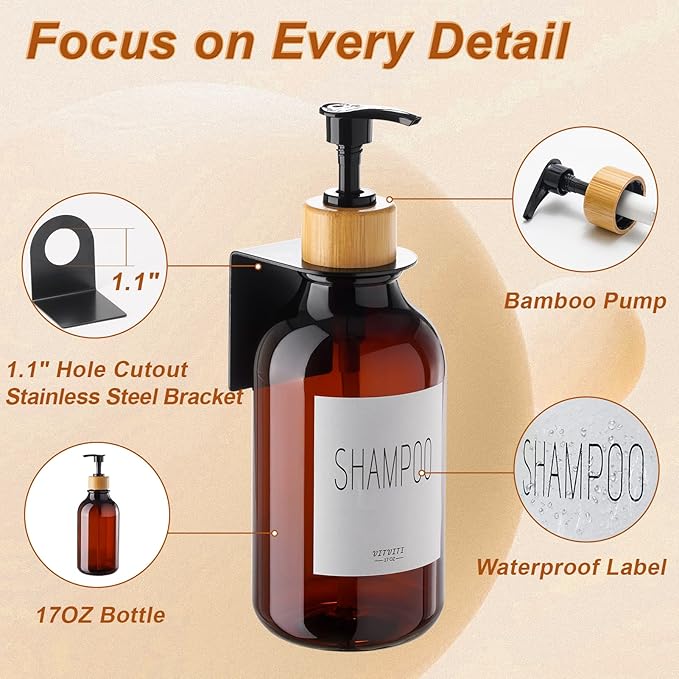 VITVITI Shampoo and Conditioner Dispenser, Body Wash Shower Soap Dispenser Wall Mounted 3 Chamber, Drill Free 17oz Plastic Shower Bottles for Bathroom, Brown 3 Sets