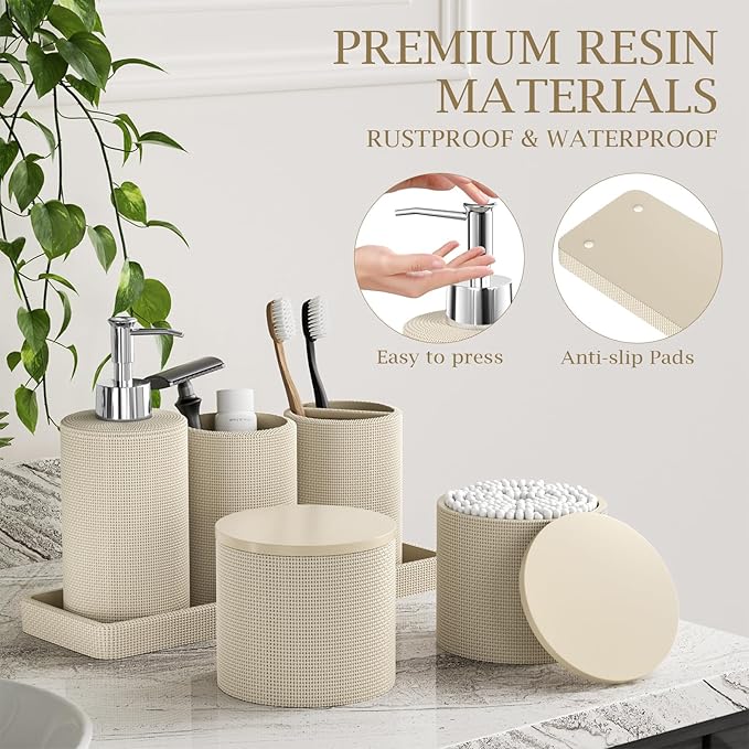 InnJoey 6-Piece Beige Bathroom Set - Mesh Textured Resin Bathroom Accessories Set with Soap Dispenser, Toothbrush Holder, Cup, Vanity Tray & Apothecary Jars for Small Spaces