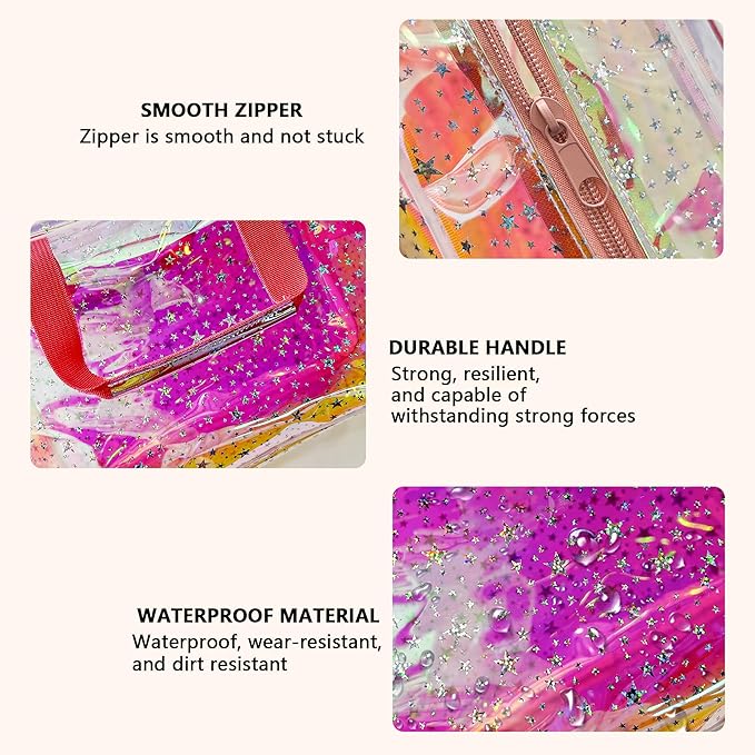 TotePrint TPU Holographic Pink Clear Star Large Cosmetic Bag and Travel Pouch with Handle,Durable TPU Material,Zipper Design-Ideal for Makeup,Travel Essentials (Holographic pink)