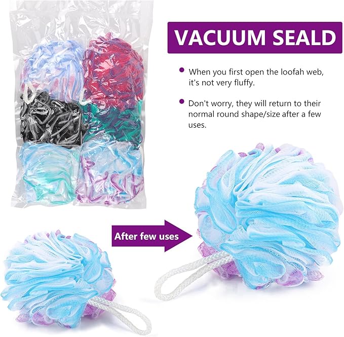 6 Pack Bath Loofah Sponge, 100g/pc XXL Large Mesh Pouf Shower Sponge Exfoliating Body Scrubber Shower Scrunchies