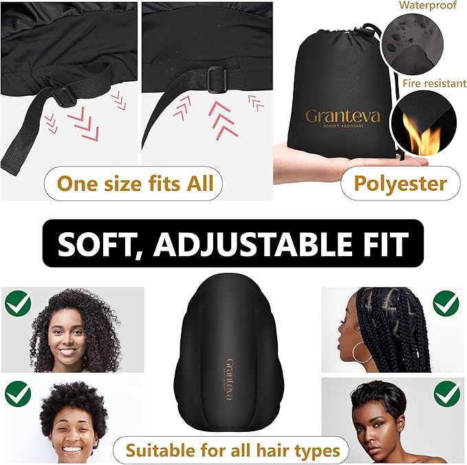 Large Bonnet Hair Dryer Attachment for Locs, Dreadlocks & Natural Curly Hair – XL Soft Satin Hooded Bonnet w/Integrated Headband, Reduces Heat on Ears & Neck, Fast Drying & Deep Conditioning