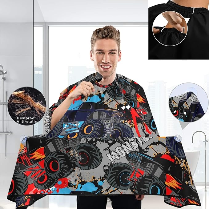 visesunny Monster Truck Car Pattern Barber Cape Anti-Static Hair Cutting Cape with Snap Closure Professional Salon Polyester Cape Barber Water-Resistant Hairdressing Cape Adjustable Snap for Hairstyli