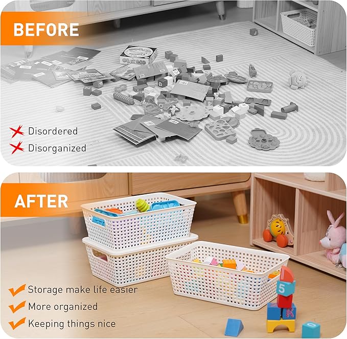 Anywish Plastic Storage Baskets With Lid, Storage Bins for Organizing, Stackable Decorative Containers for Shelves Drawers Desktop Closet Playroom Classroom Office, 8 Pack-White