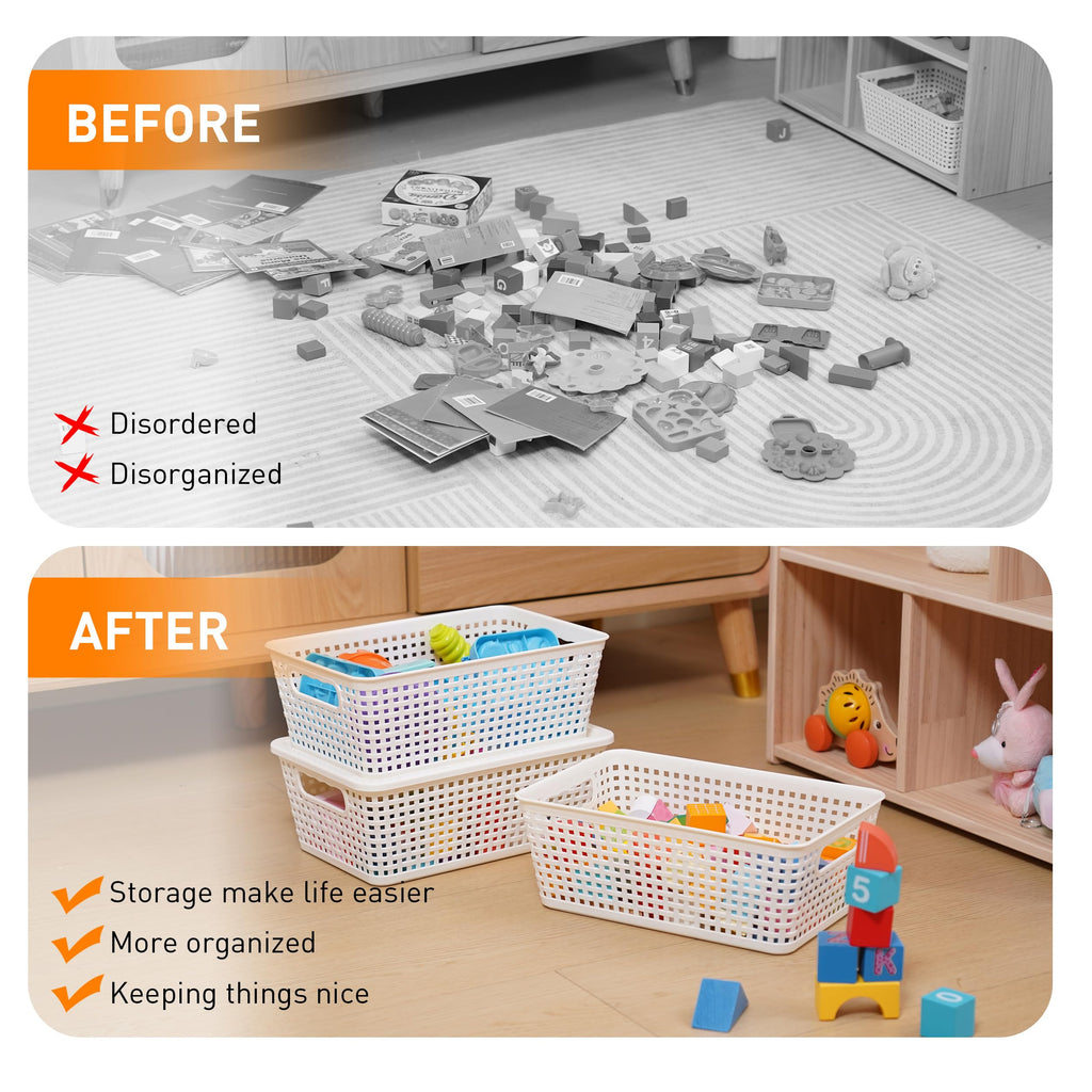 Anywish Plastic Storage Baskets With Lid, Storage Bins for Organizing, Stackable Decorative Containers for Shelves Drawers Desktop Closet Playroom Classroom Office, 8 Pack-White