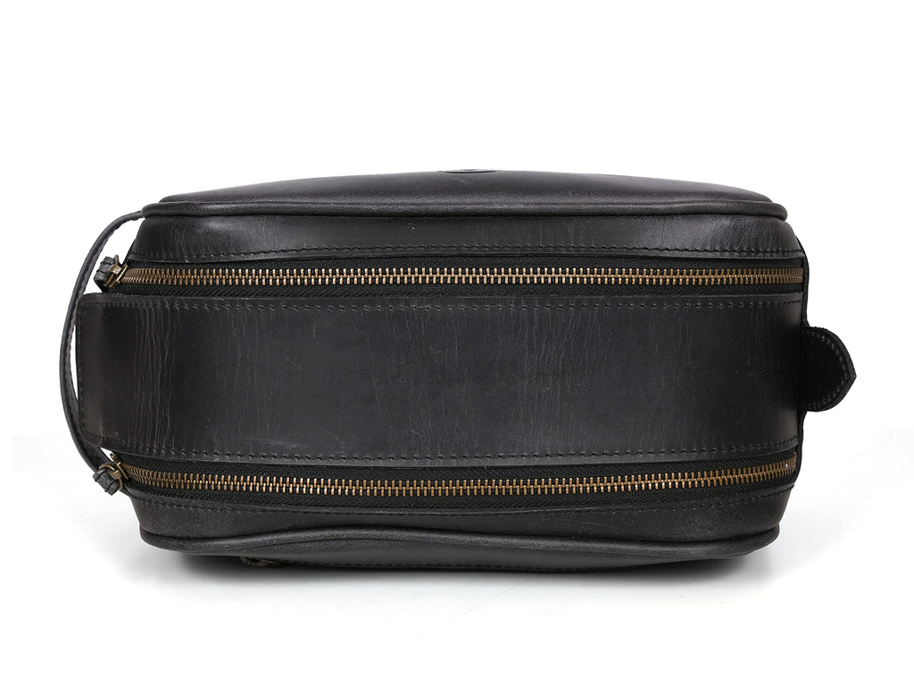 10" Premium Leather Toiletry Travel Pouch With Waterproof Lining Black Color | King-Size Handcrafted Vintage Shaving Kit By Aaron Leather Goods (Florida Black)