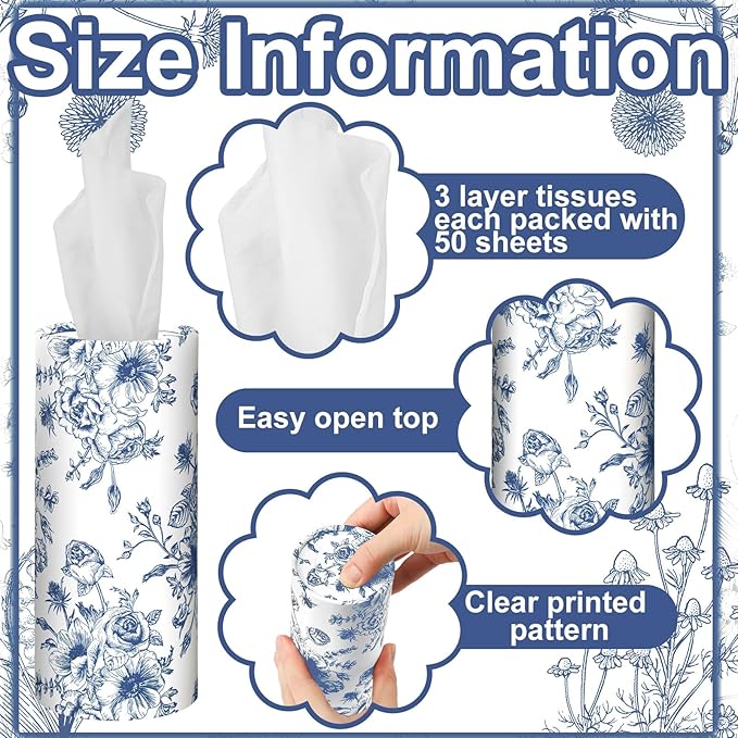 Zonon 8 Pcs Vintage Floral Round Tissues Box Car Holder with Facial Tissue Bulk Blue Flower Travel Tubes for Car with 50 Sheets Spring Cylinder Face Towel Fit for Cup Holder Round Container