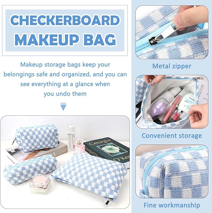 Gocvo 3 Pcs Makeup Bag Cosmetic Bag Set for Girls Women Checkered Travel Organizer Bathroom Toiletry Pouch Large Capacity Storage Bag (Blue-White)