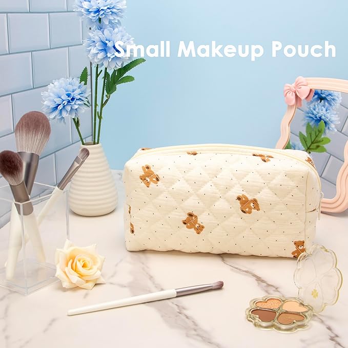 PAZIMIIK Small Quilted Makeup Bag,Zipper Cosmetic Pouch,Gauze Bear