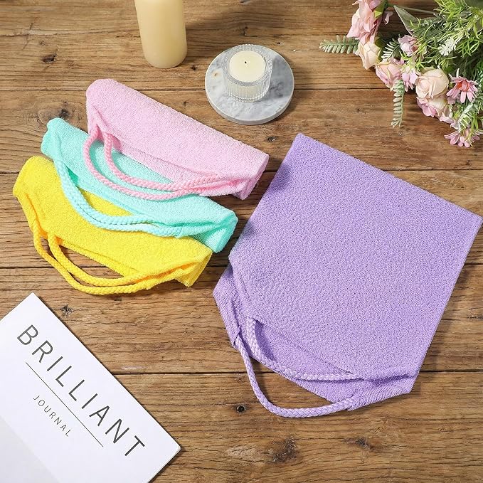GEEHUA 4PCS Exfoliating Back Scrubber with Handles, Double-Sided Nylon Exfoliating Washcloth Extended Length Exfoliator Stretchy Pull Strap Back Washer Body Exfoliatin Washcloth for Women Men