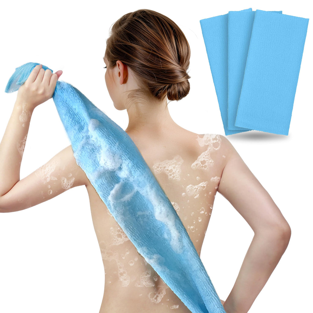 ARCH&M Exfoliating Washcloth & Shower Towel, Blue, 3 Pack