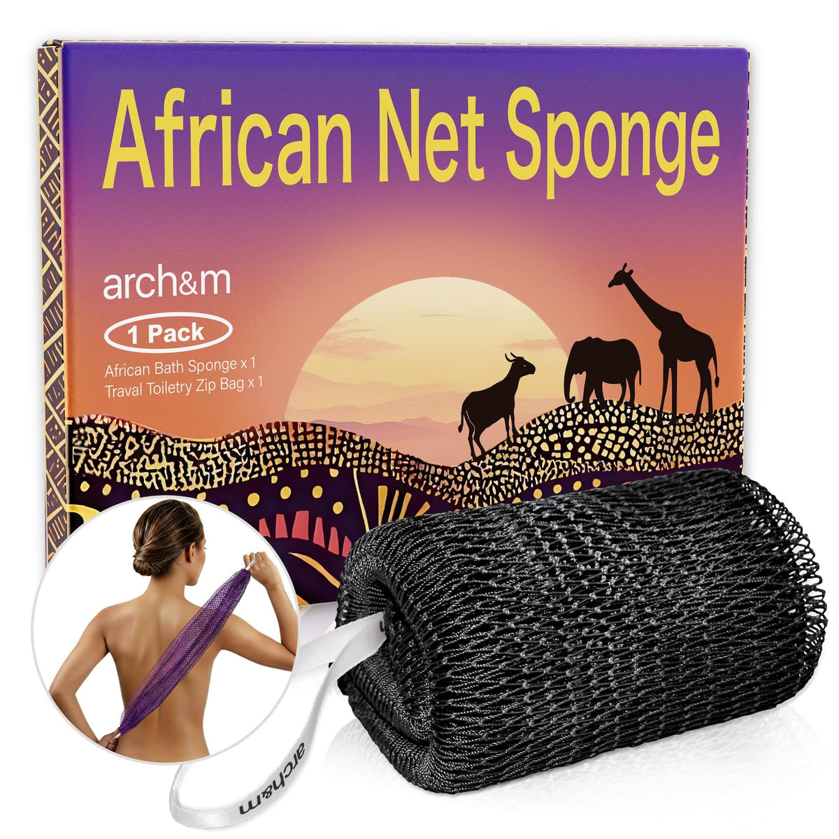 ARCH&M African Net Sponge Authentic with Knots, 2 Pack 53" Extra-Long